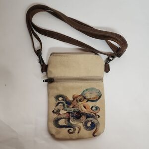 Cott n Curls Tan Canvas Octopus Print Leather Strap Crossbody Cell Phone Bag